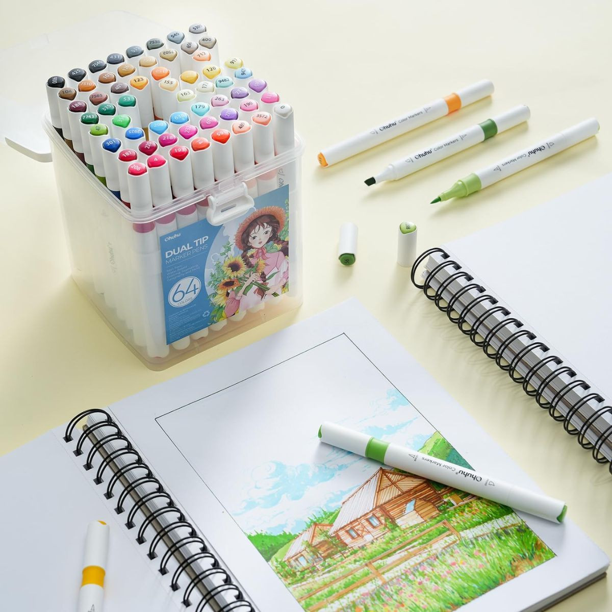 Ohuhu Water-based Coloring Markers Dual Σετ 64 Χρώματα Brush & Chisel - Image 4
