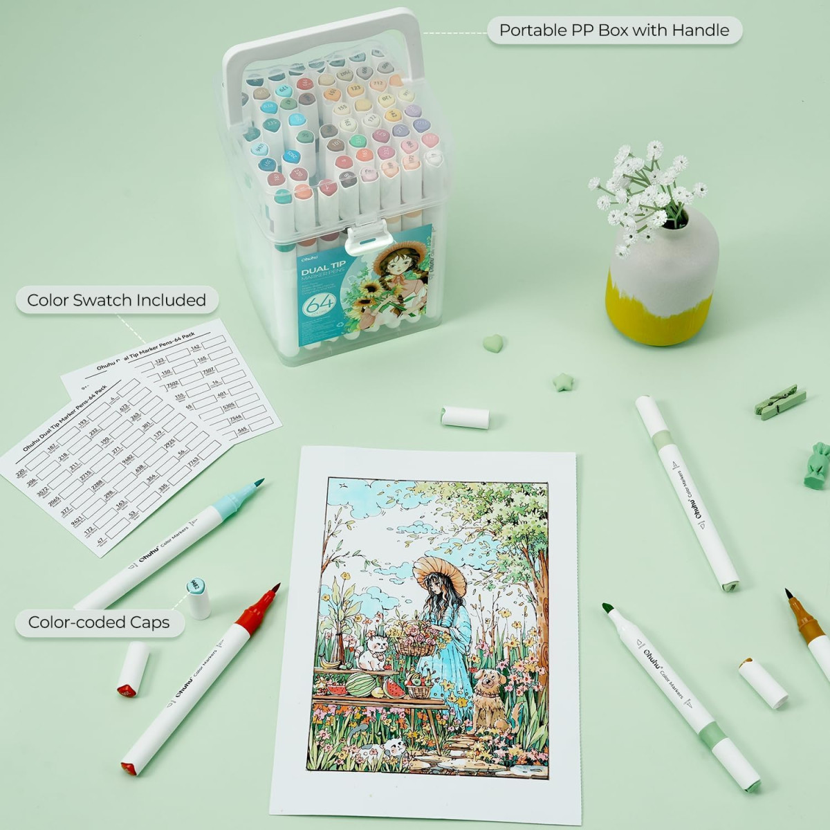 Ohuhu Water-based Coloring Markers Dual Σετ 64 Χρώματα Brush & Chisel - Image 3