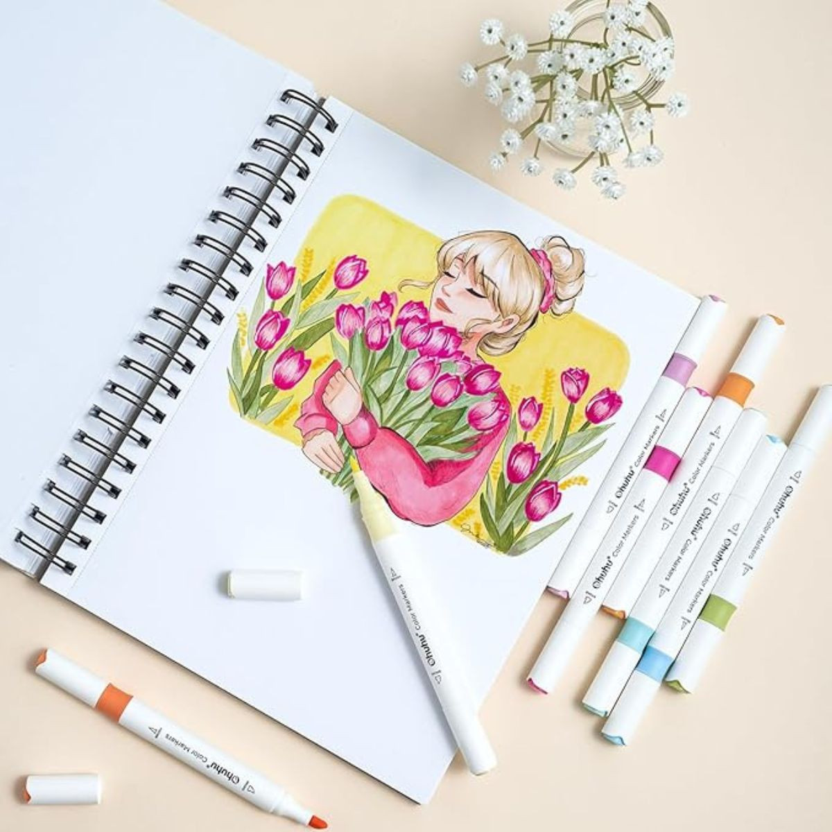 Ohuhu Water-based Coloring Markers Dual Σετ 64 Χρώματα Brush & Chisel - Image 5