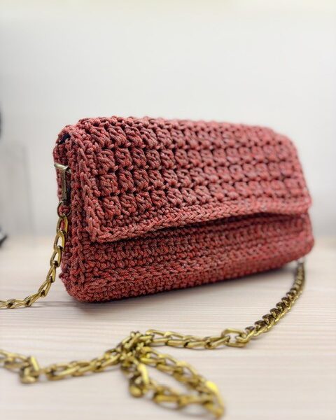 Χειροποίητη  Πλεκτή Τσάντα 'Ωμου Μεταλιζέ Μπορντό Κόκκινο
