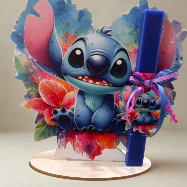 Παιδική Πασχαλινή Λαμπάδα με ξύλινη επιτραπέζια διακοσμητική βάση  –  Stitch