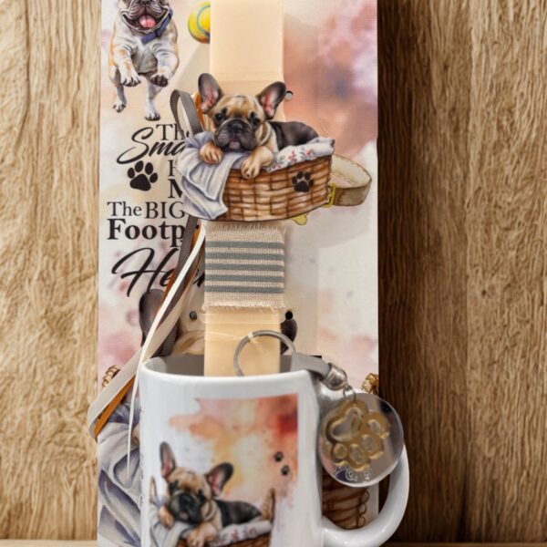 Πασχαλινό σετ με λαμπάδα, κούπα και μπρελόκ – Γαλλικό Μπουλντόγκ (French Bulldog)
