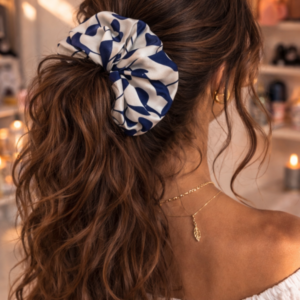 Handmade Satin Scrunchie – Navy & Sand Print - Silk Touch