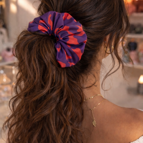 Bold Abstract Satin Scrunchie – Purple Flame